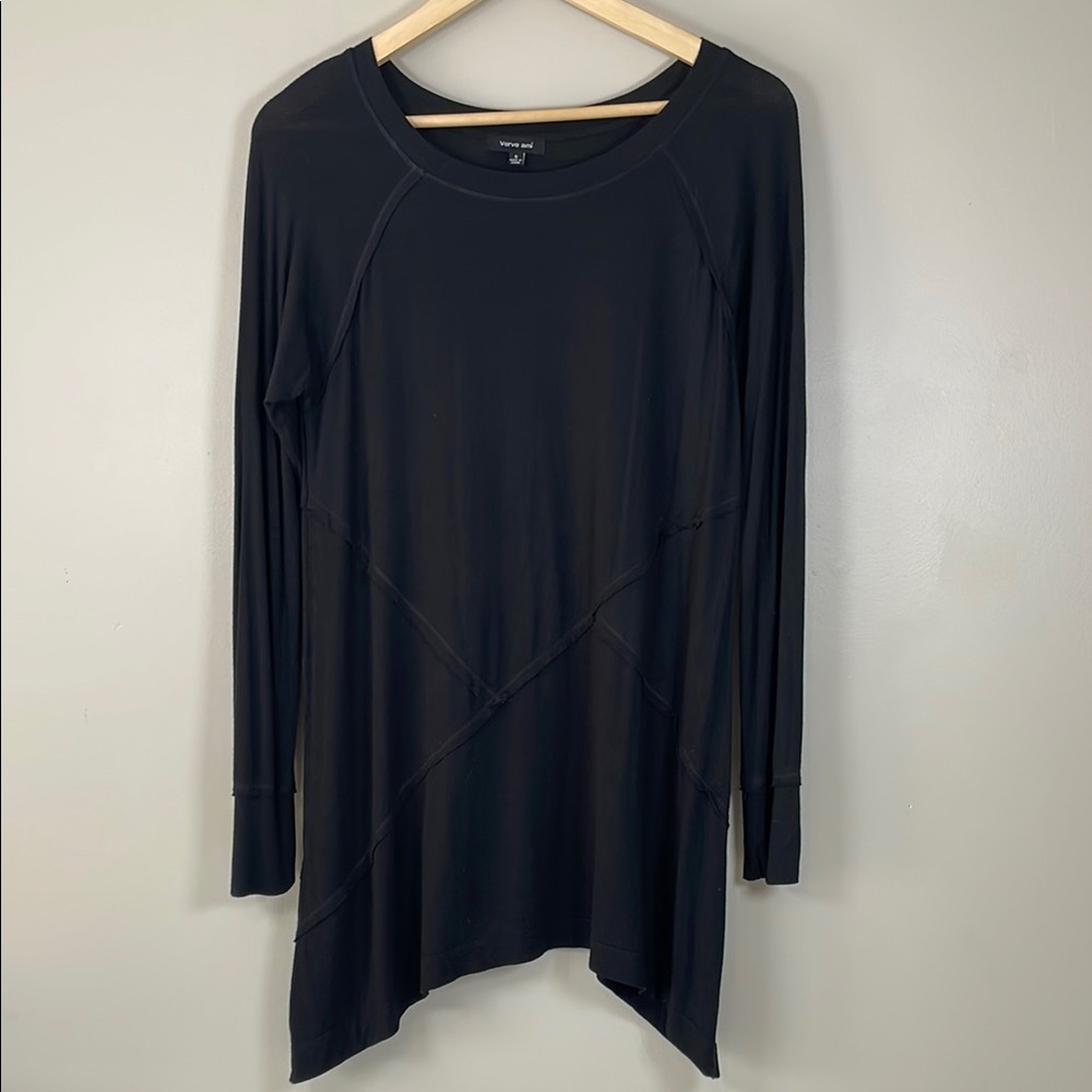 VERVE‎ AMI Black Asymmetrical Raw Hem Accent Stretchy Tunic Crewneck Top Goth SM